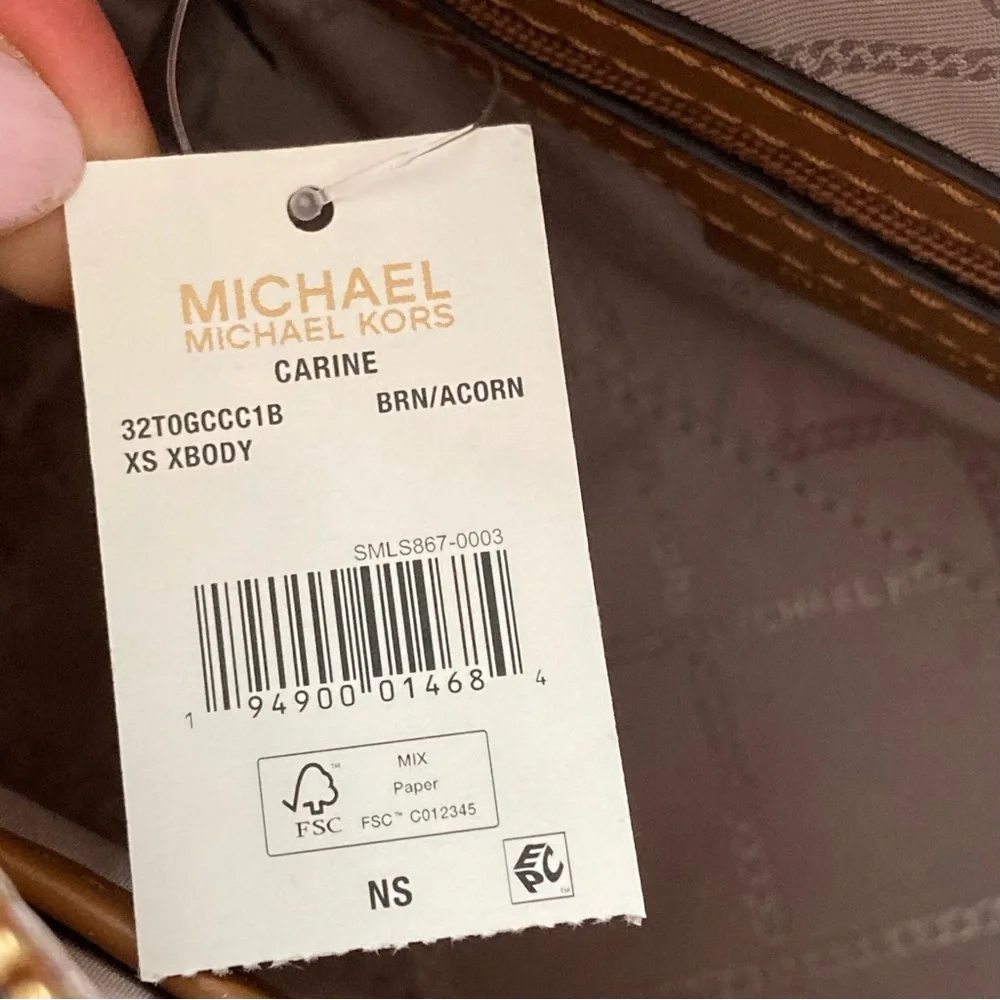 Michael Kors Carine Brown Monogram XS Satchel Crossbody Bag.